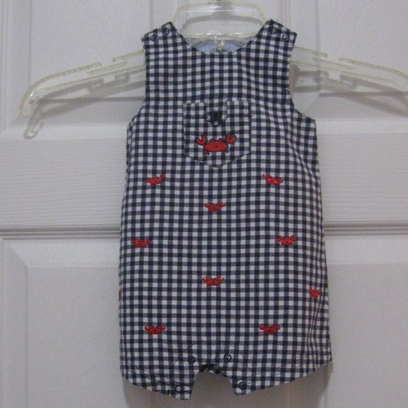 Little Me Other - Adorable Gingham Overalls with Embroidered Red Crabs
